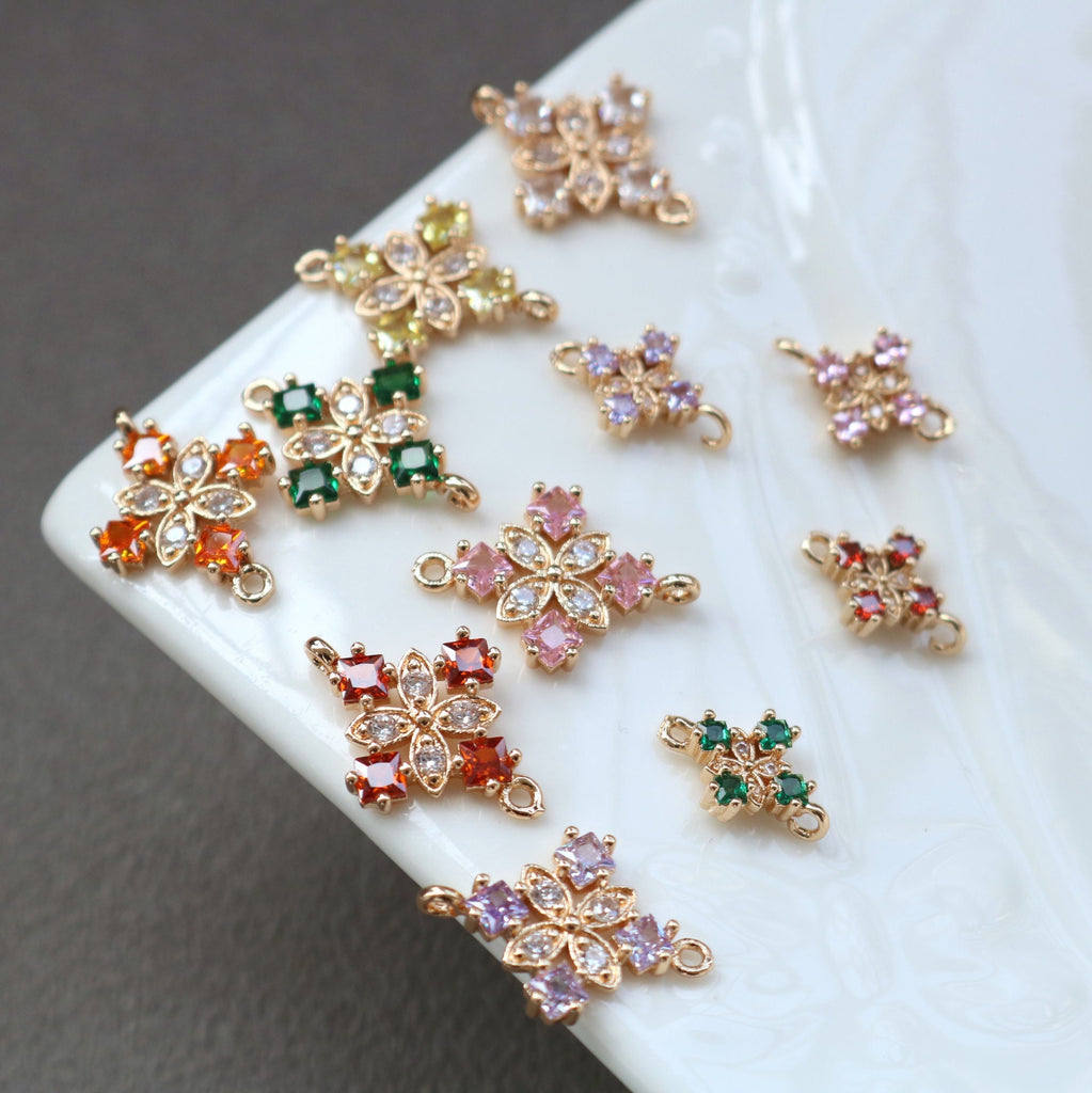 10pcs Flower Connector, Cubic Zircon Crystal Pendant, Bracelet Necklace Pendant, 14K Real Gold Plated, Jewelry Findings HL111-F038