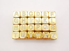 Load image into Gallery viewer, 18K Shiny Gold Cube Alphabet Beads, Initial Square Beads, Micro CZ Pave, 9x9mm, Big Hole Letter Beads for Necklace Bracelet Making S909