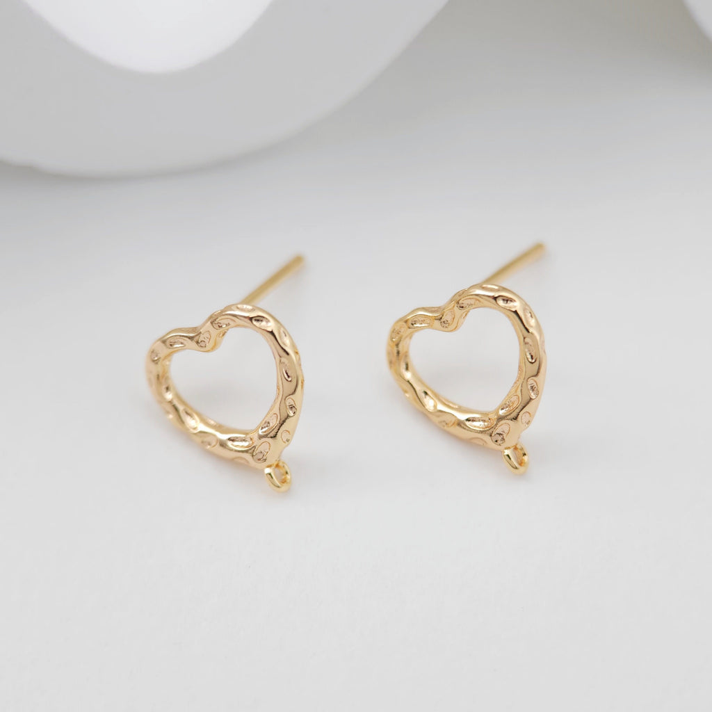 Gold Polished love heart CZ Earring Post,  14K Gold Nickel Free Earrings, S925 Silver Ear Pins, 11mm, Heart Shape Ear Stud with Loop ZX172