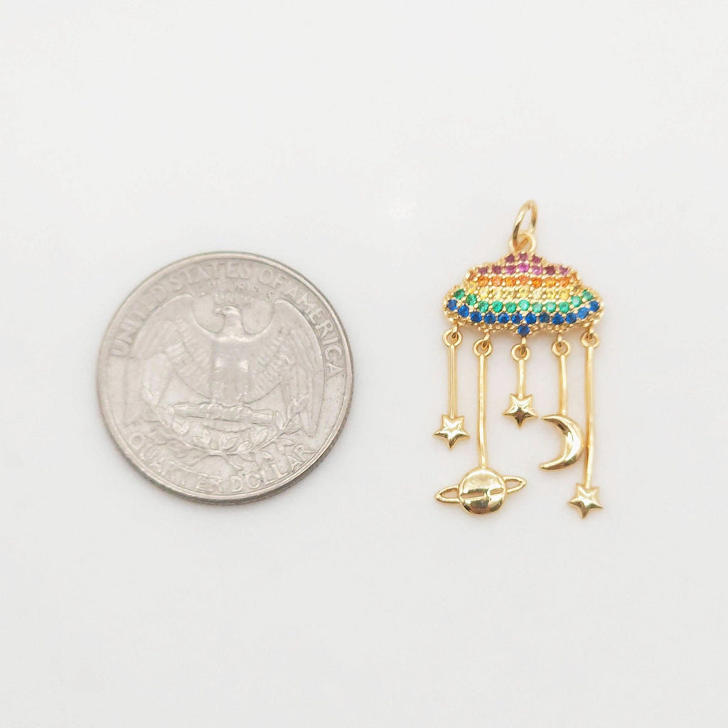 Rainbow Pave CZ Cloud Charm, Star Moon Planet Pendant, 28mm, 18K Gold Plated, Necklace Making Charm, Jewelry Findings S20366