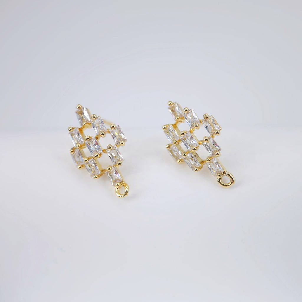 Cubic Zirconia Rhombus Post Earrings, Gold Earring Post with Loop, Hypoallergenic, Earring Findings, Handmade Earring Supplies D0033