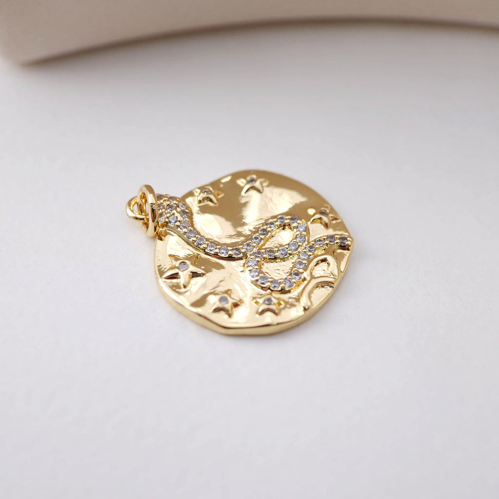 Snake Charm, Dainty CZ Pave, Round Pendant, 18K Gold Plated, Snake Pendant, Bracelet Necklace Making Charm, Jewelry Finding S1213