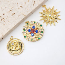 Load image into Gallery viewer, Multicolor Cubic Pave Round Charm, 18K Gold Plated Round Pendant, 35mm, Necklace Making Charm, Jewelry Findings S20568