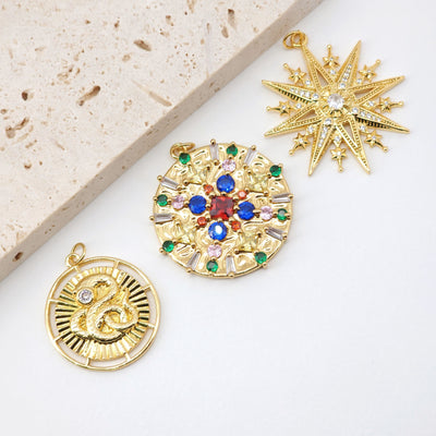 Multicolor Cubic Pave Round Charm, 18K Gold Plated Round Pendant, 35mm, Necklace Making Charm, Jewelry Findings S20568