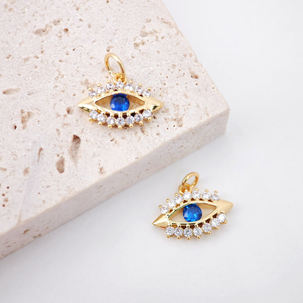 Blue Evil Eye Charm, 18K Gold Plated Micro CZ Pave Eye Pendant, 14x10mm, Necklace Making Charm, Jewelry Findings S930