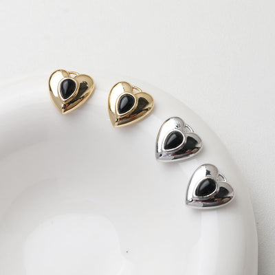 Heart Charms, Pave Black Stone, 14K Gold Plated, Love Pendant, Necklace Making Pendants, Jewelry Findings GT031