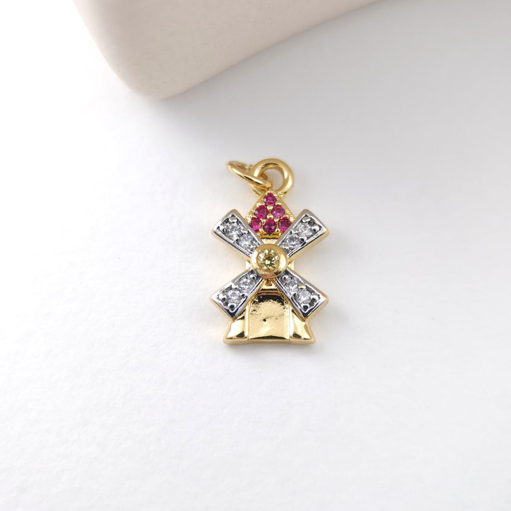 Dutch Windmills Pendant, Yacht Pendant, 18K Gold, CZ Pave Charm, Earring Necklace Making Finding S1117