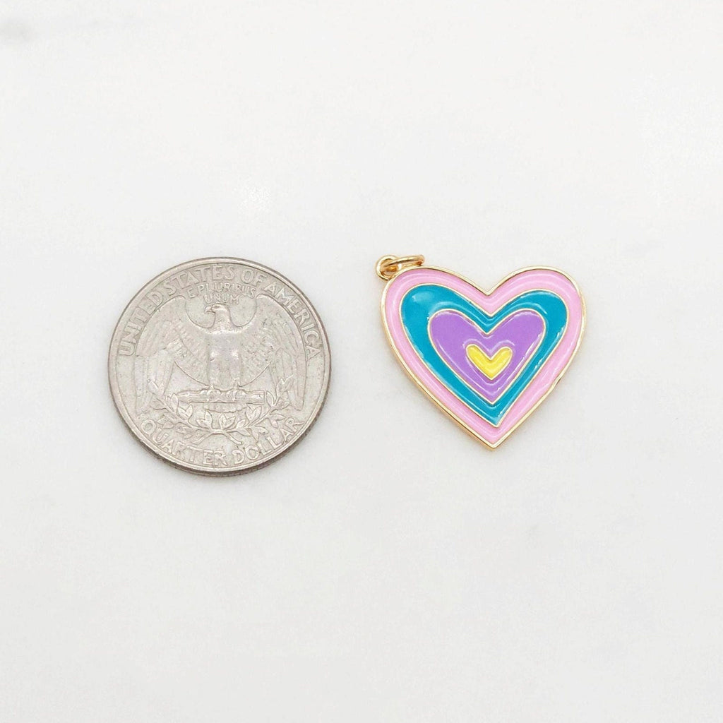 Multicolor Enamel Heart Charm, 18K Gold Plated Heart Pendant, 23mm, Necklace Bracelet Making Pendant S20390