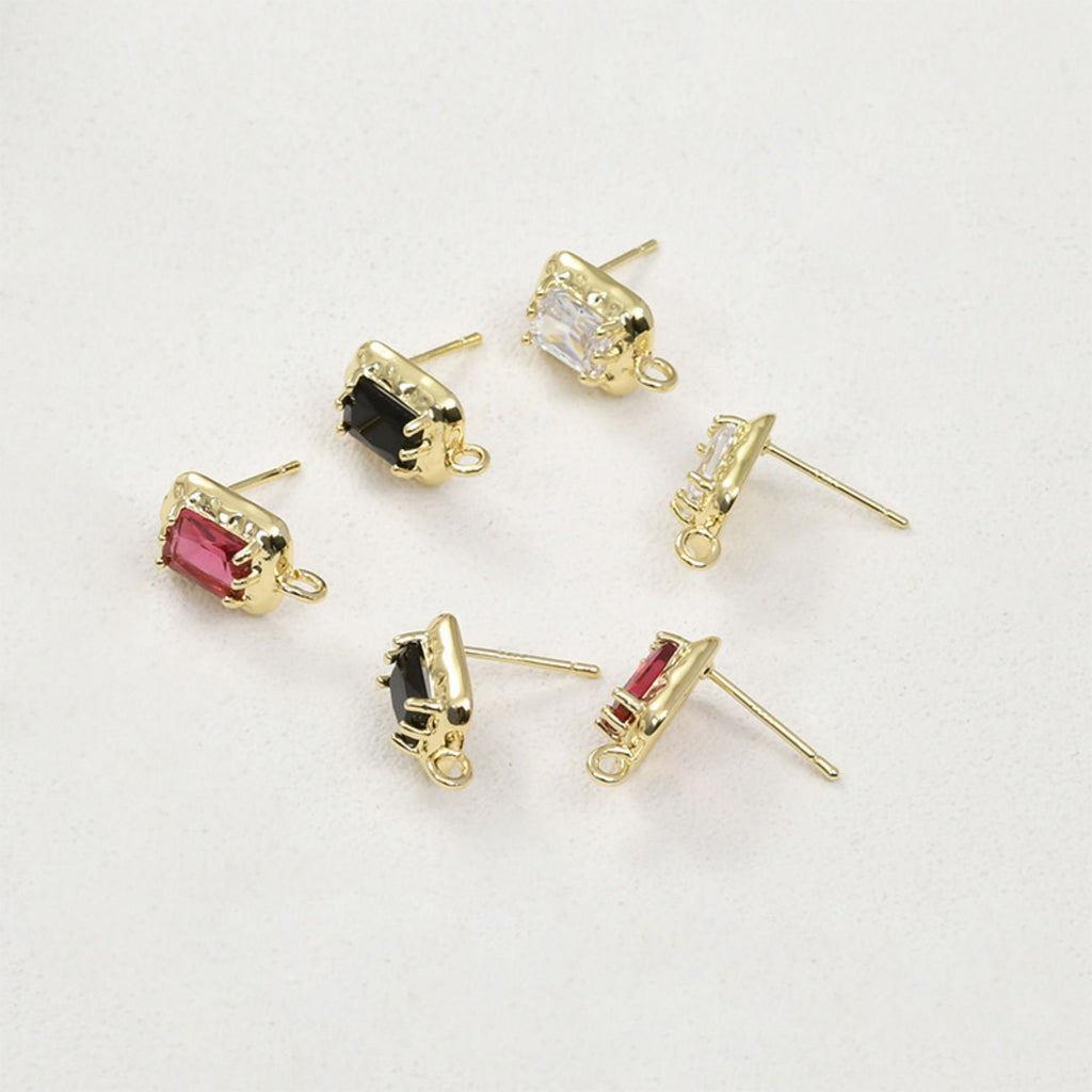Rectangular CZ Pave Ear Post With Loop, S925 Silver Ear Pin Nickel Free, Gold/Silver Ear Stud, Hypoallergenic Earring Findings LL204