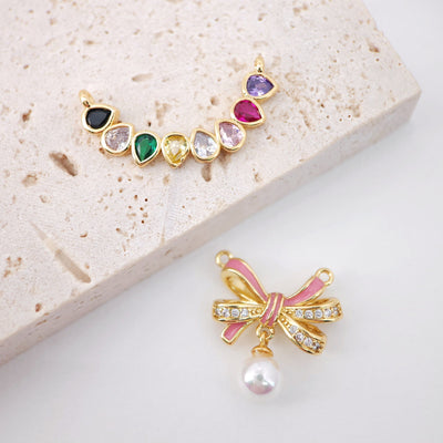 Pink Enamel Bow Charm, 14K Gold Plated Bow Tile Pendant, Clear Micro CZ Pave Bowtie Charm, 18x12mm, Jewelry Findings S20584