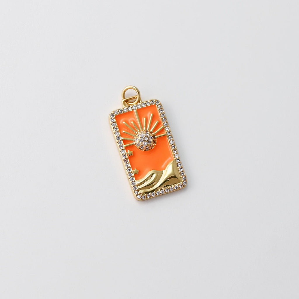 Enamel Sun Card Charms, Micro CZ Pave Sun Pendant, Black, Orange, Blue, 18K Gold Plated, Necklace Making Charms, Jewelry Findings S20427