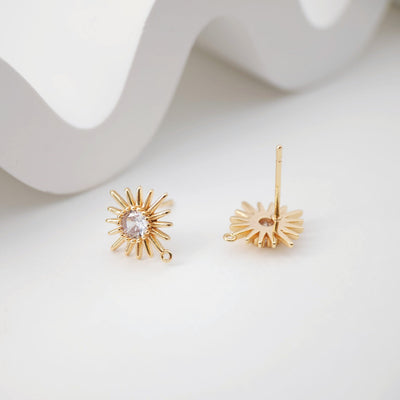 Poste para aretes con sol y pavé cúbico, arete chapado en oro de 18 quilates con aro, pasador de plata S925, poste con forma de sol, fornitura para aretes ZX248