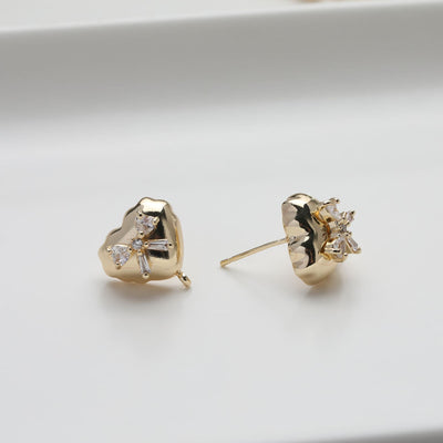 Heart CZ Post Earring, 14K Gold/Silver Nickel Free Earrings, S925 Silver Ear Pins, Heart Shape Ear Stud with Loop GZ508