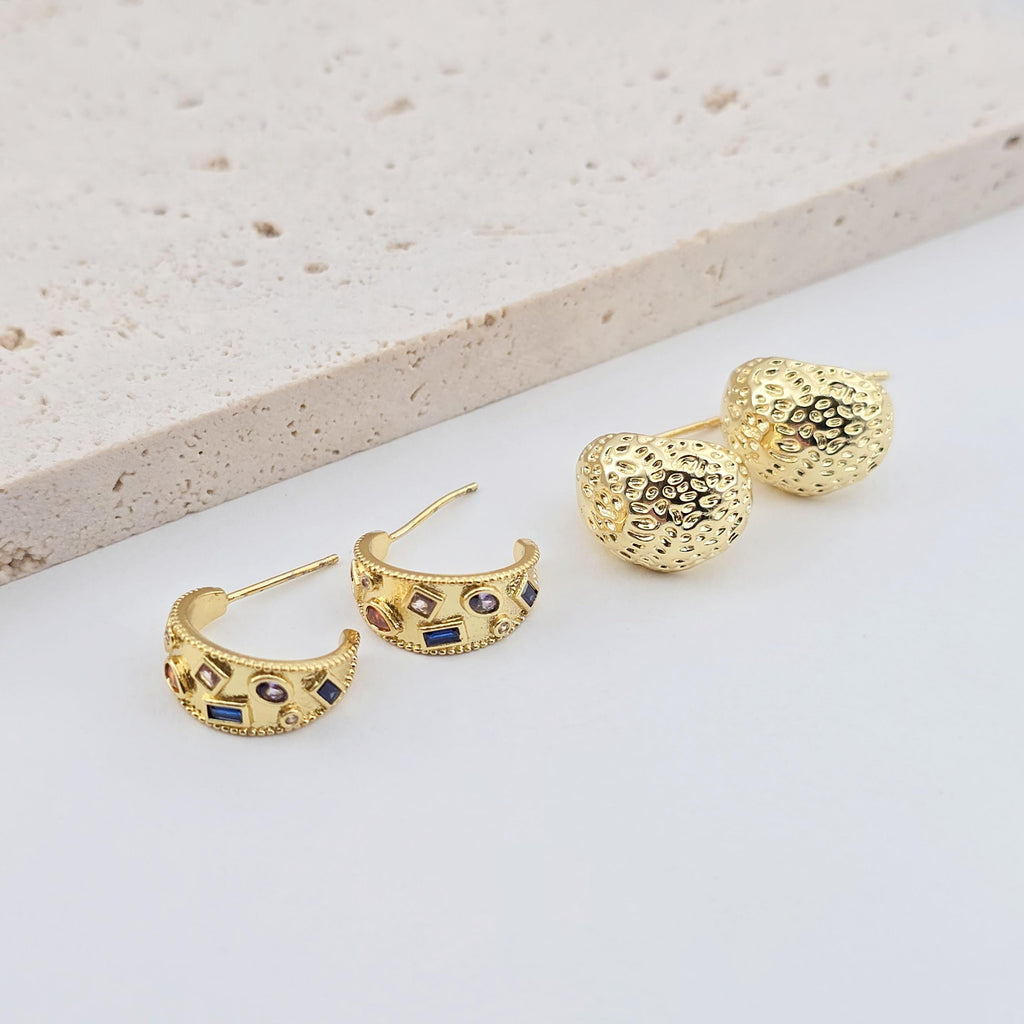 C Shape Ear Post, Cubic Zirconia Pave, Nickel Free, 18K Gold Plated Stud Earring Finding S1260