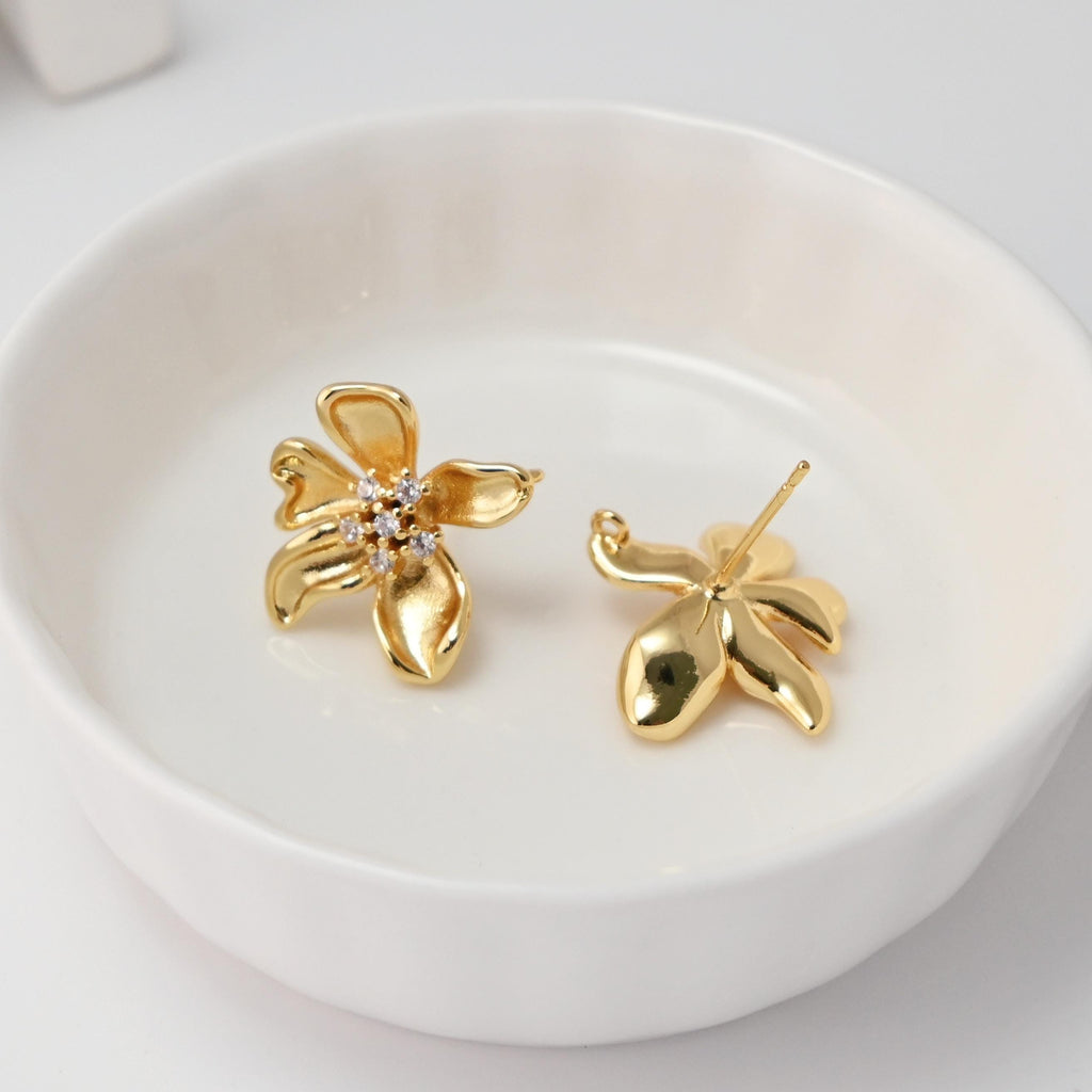 CZ Pave Flower Earrings Post With Loop, 18K Gold Plated, Nickel Free, S925 Silver Pin,Ear Stud Hypoallergenic Earring Findings D0477