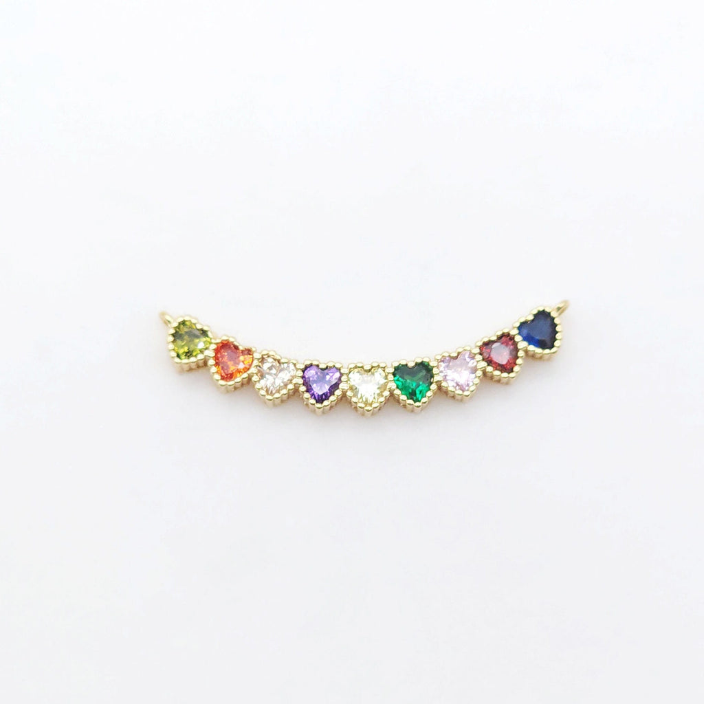 Heart Rainbow Cubic Tennis Connector, 4mm CZ, 18K Gold Plated CZ Pave Tennis Pendant, Bracelet Making Charm, Jewelry Findings S20538