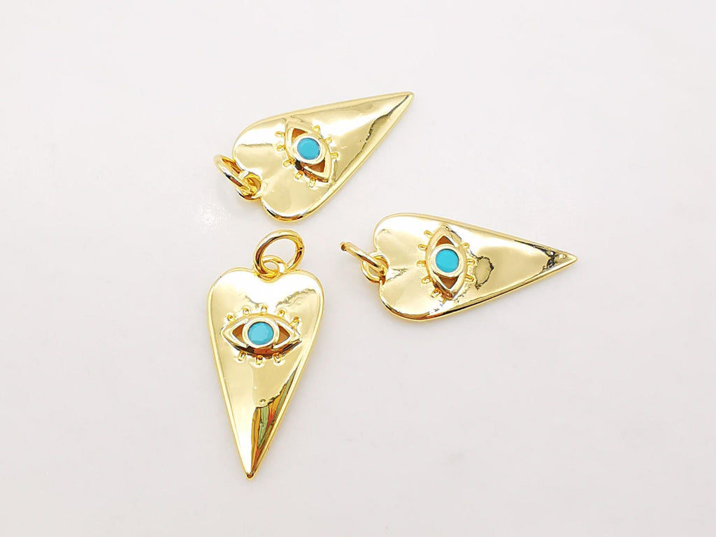 Heart Shape Evil Eye Charm, 18K Gold Plated Micro CZ Pave Eye Pendant, 20x10mm, Necklace Making Charm, Jewelry Findings S914
