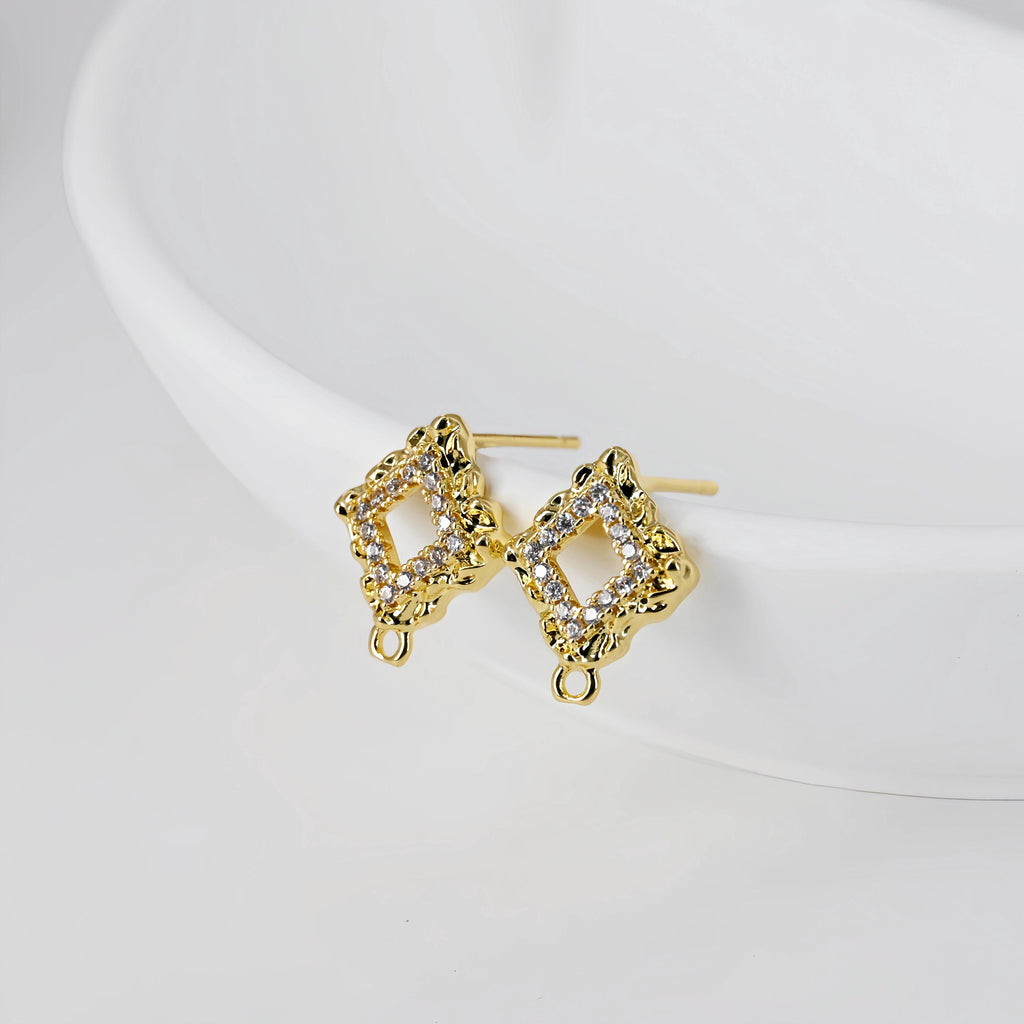 Diamond shaped Post with Loop, Pave CZ, 18K Gold, S925 Silver Pin Nickel Free Earrings, Hypoallergenic Earring Findings D0423