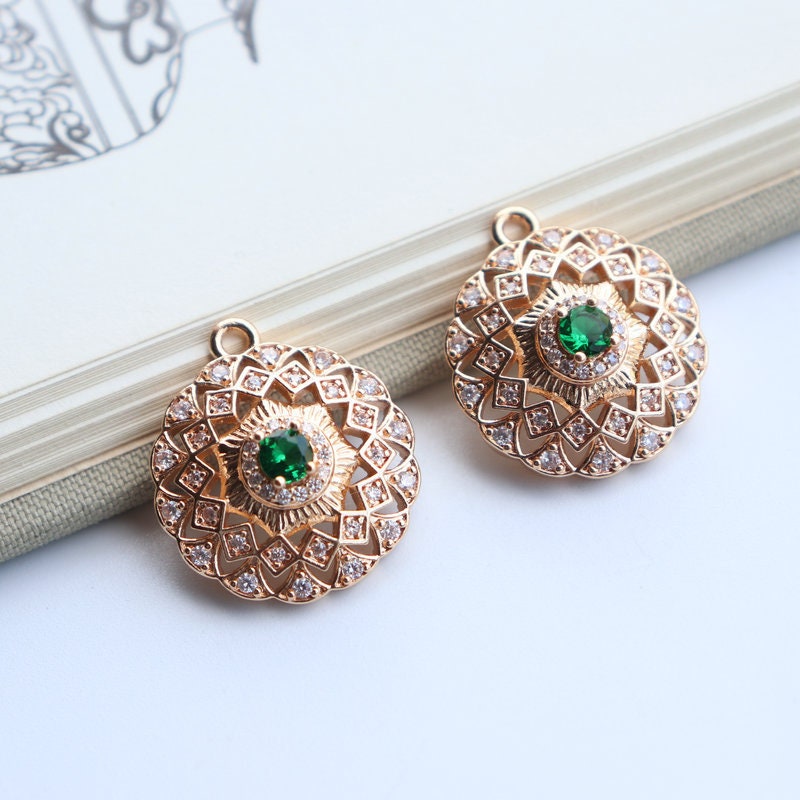 5 colgantes bohemios redondos con pavé de circonita cúbica, para pulsera y collar, chapados en oro auténtico de 14 quilates, accesorios de joyería JY057-F211