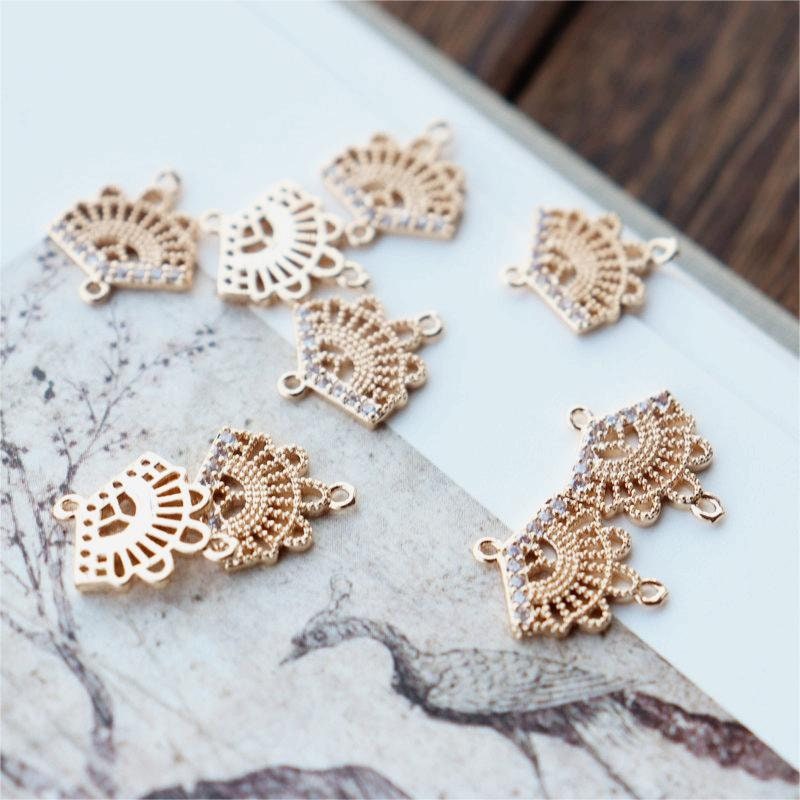 CZ Pave Fan Shape Charm, Cubic Zircon Fan Connector, CZ Earring Charms,Real Gold Plated Brass Earring Charms, Jewelry Findings JY029-F017