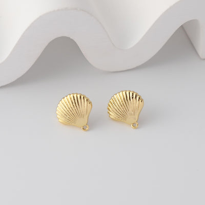 Shell Earrings Post With Loop, 18K Gold Plated, Nickel Free, Ear Stud Hypoallergenic Earring Findings D0350
