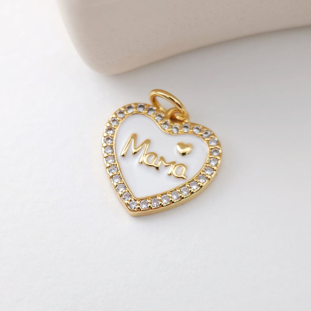 Cubic Love Mom Charm, 18K Gold Plated Micro CZ Pave Heart Pendant, Necklace Making Findings,  Jewelry Finding Gift for Mom S1122