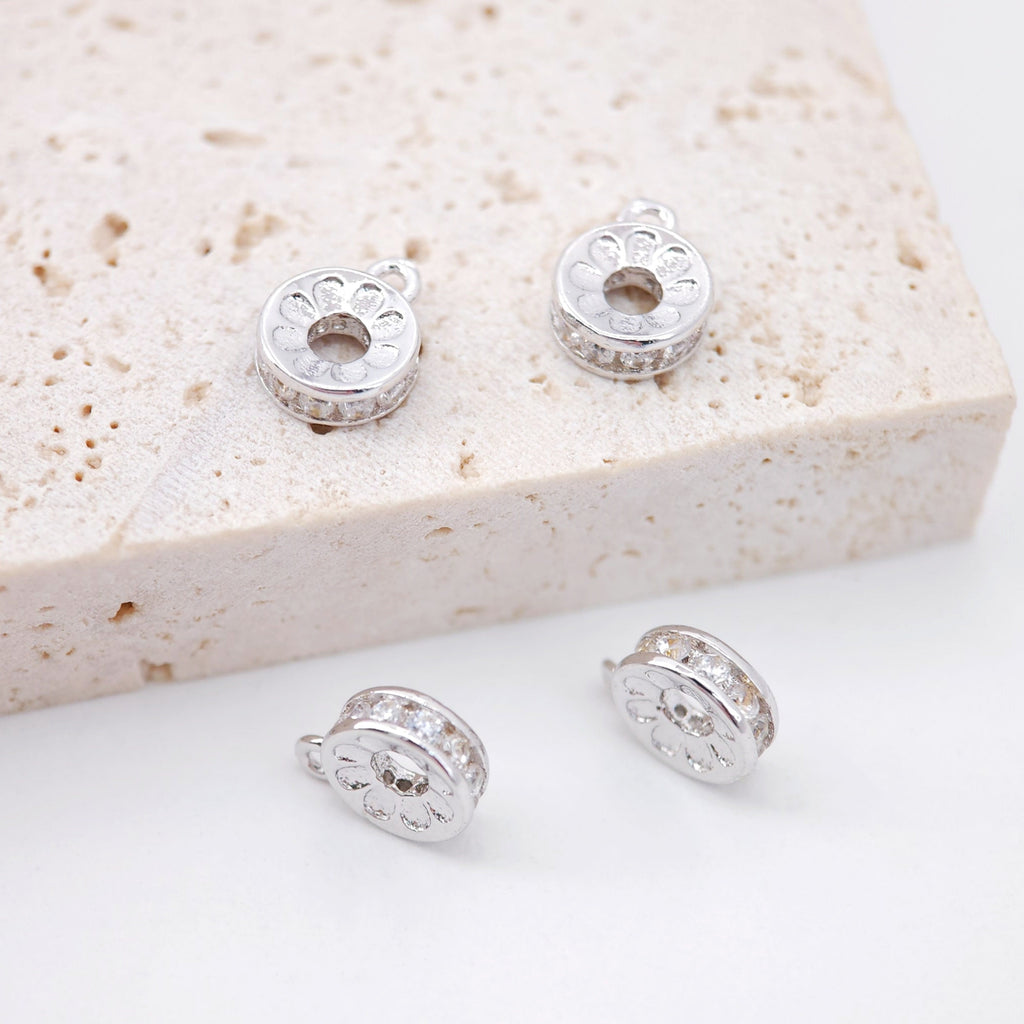 Round CZ Pave Charm, 18K Gold Plated Pendant for Bracelet Necklace Making, 7mm, Jewelry Finding S833