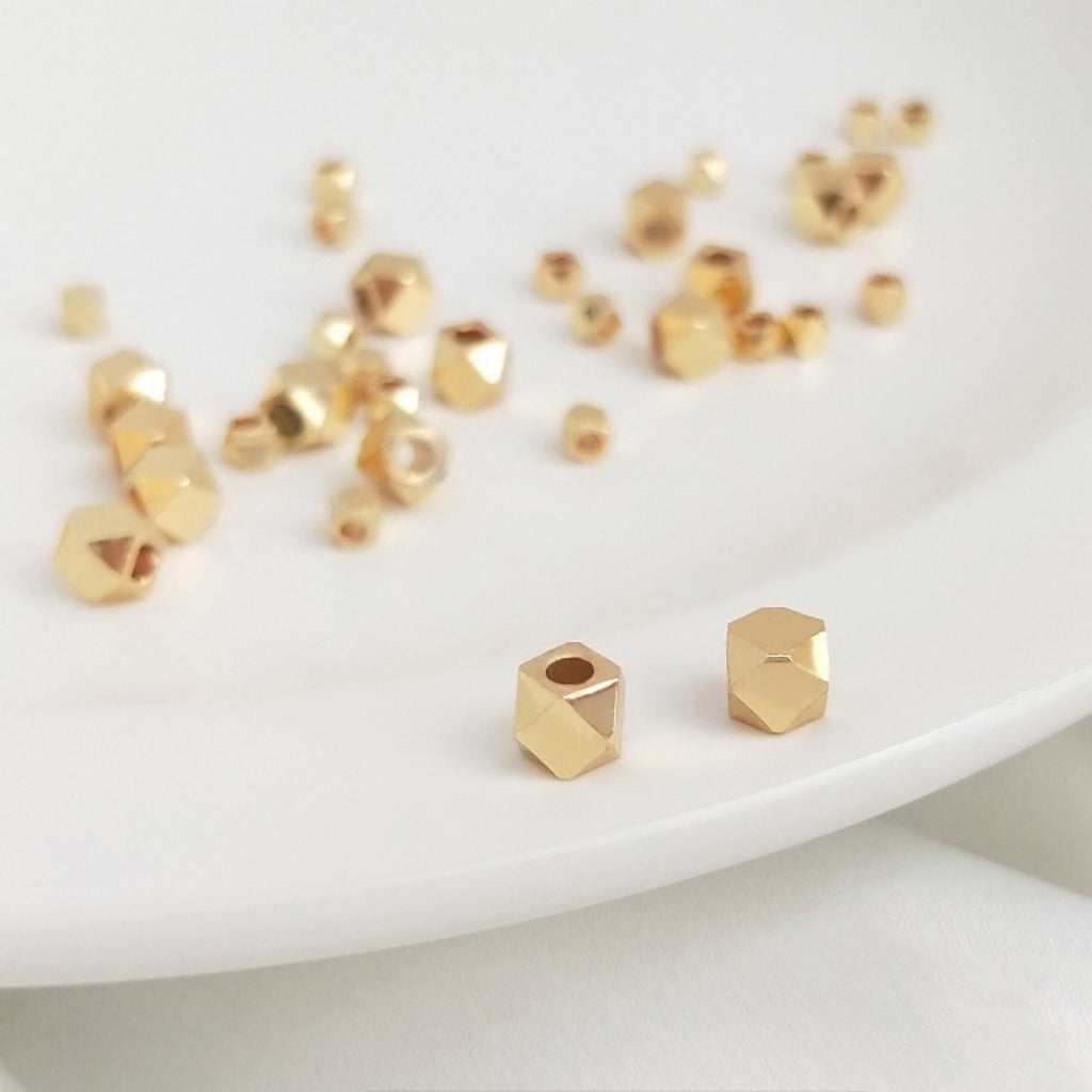20pcs- Faceted Beads, 3mm, 18K Shiny Gold Diamond Beads, Bracelet Beads, Gold Plated Spacer Beads, Big Hole, Jewelry Finding TH003