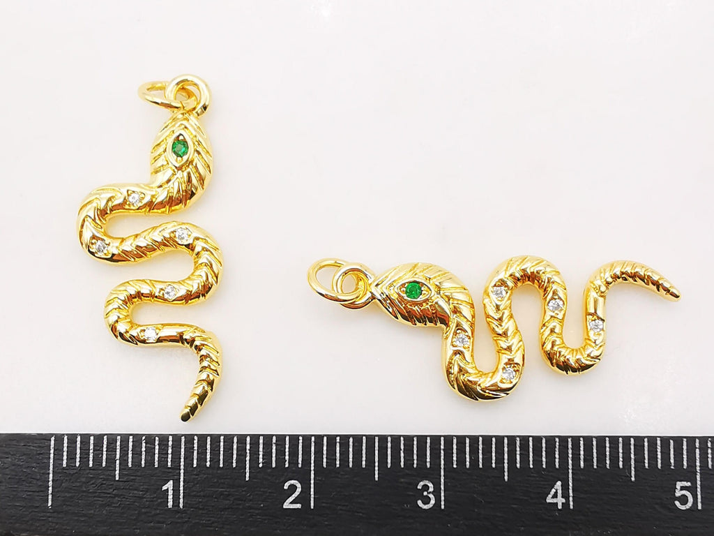 Snake Charm, 18K Gold Plated Snake Pendant for Necklace Making, 30x12mm, Micro CZ Pave Charm, Jewelry Finding S928