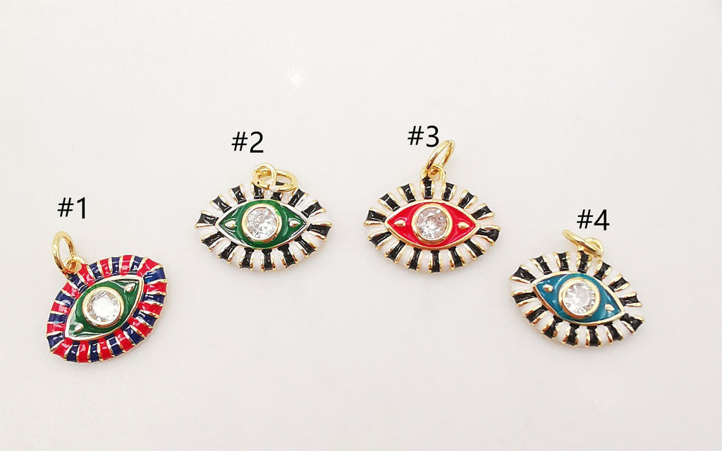 Enamel Cubic Evil Eye Charm, 18K Gold Plated Micro CZ Pave Eye Pendant, Necklace Making Charm, 15mm, Jewelry Findings S1074