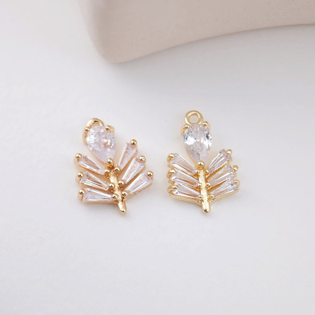 Leaf Charm, Cubic Zircon Crystal Flower Pendant, CZ Earring Charms,  Real Gold Plated Brass Earring Charms, Jewelry Findings STG024-F174