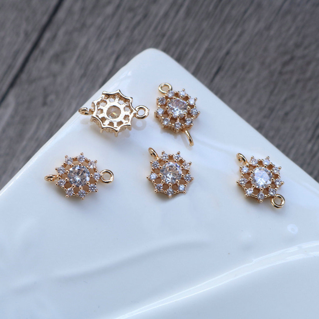 10pcs Flower Connector, Cubic Zircon Crystal Pendant, Bracelet Necklace Pendant, 14K Real Gold Plated, Jewelry Findings HL108-F076