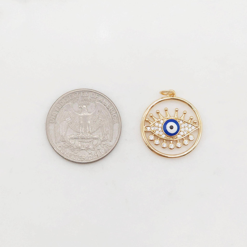 Cubic Evil Eye Charm, 18K Gold Plated Micro CZ Pave Round Pendant, 20mm, Necklace Making Charm, Jewelry Findings S20377