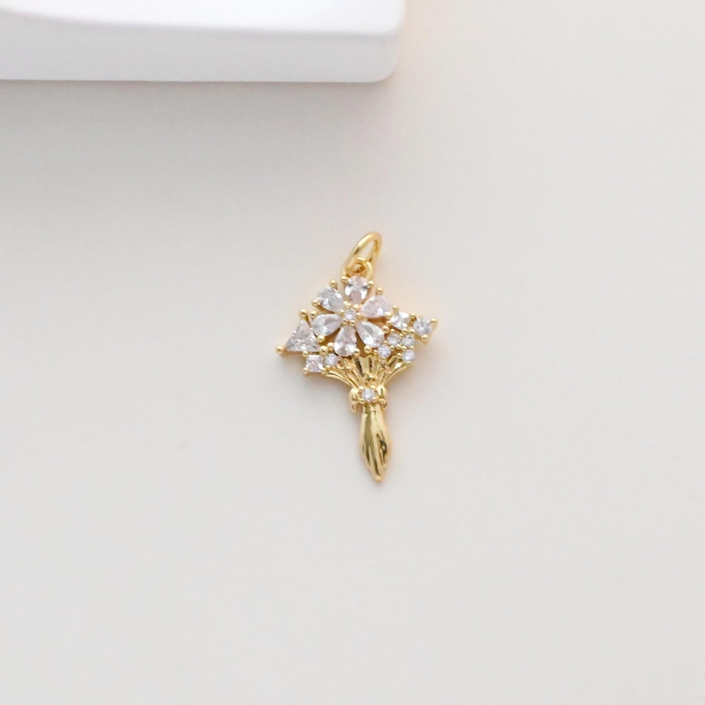 Flower Bouquet Pendant, Coconut Tree Charms, 18K Gold Plated, Cubic Pave Charms, Plants Pendant, Necklace Charms S1320