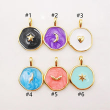 Load image into Gallery viewer, Multicolor Enamel Round Coin Charm, 18K Gold Plated Star/Heart/Moon/Wing/Light, 14mm, Necklace Bracelet Making Pendant, S910