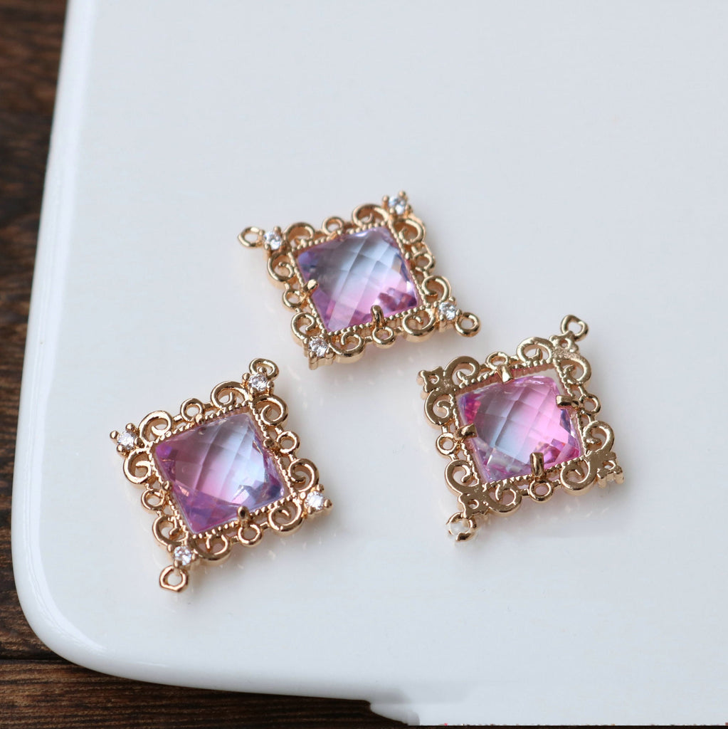 Rhombus Shaped Crystal Pendant, Glass Charm, 14K Gold Plated, CZ Pave, Jewelry Making Findings HL039-F240
