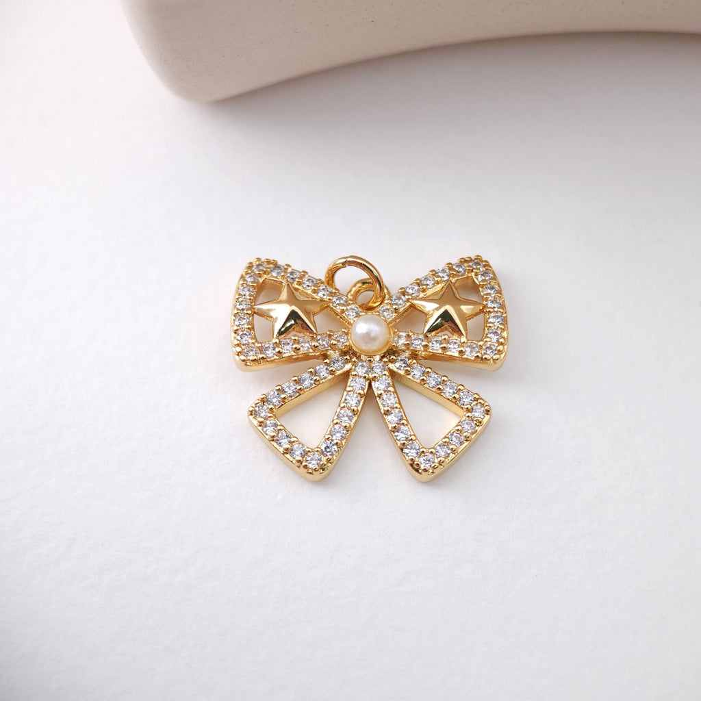 CZ Pave Bow Tie Charm, Cubic Zircon Crystal Bow Tie Pendant, Bracelet Necklace Pendant, Gold Plated, Jewelry Findings S1224