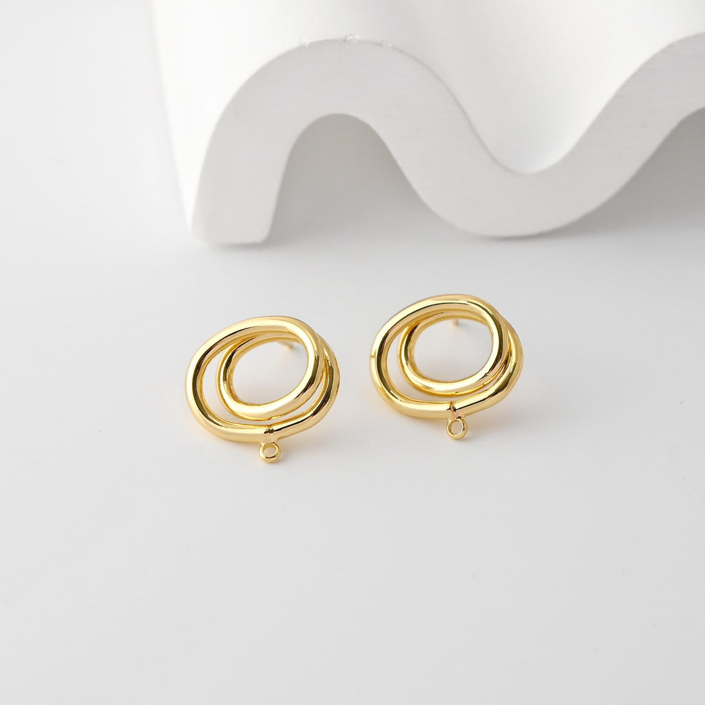 Oval Earrings Post With Loop, 18K Gold Plated, Nickel Free, S925 Silver Pin, Hollow Ear Stud Hypoallergenic Earring Findings D0362