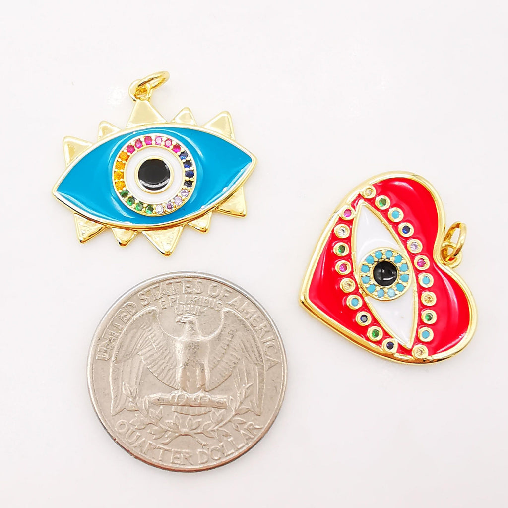 Enamel Evil Eye Charm, 18K Gold Plated Micro CZ Pave Heart Shape Eye Pendant, 23mm, Necklace Making Charm, Jewelry Findings S896-7