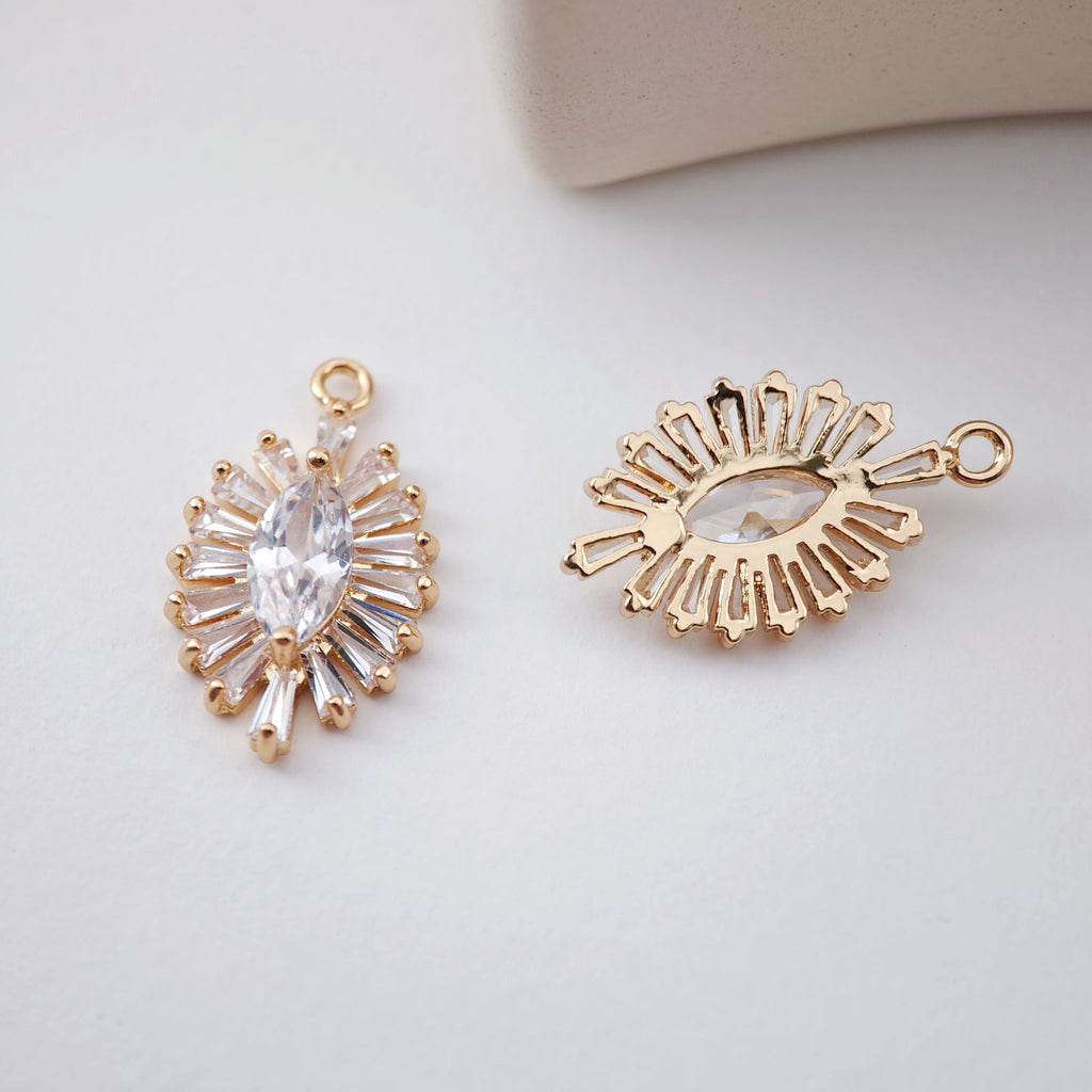 CZ Pave Oval Boho Charm, Cubic Pendant, Earring Connectors, Real Gold Plated Brass Earring Charms, Jewelry Findings D0055