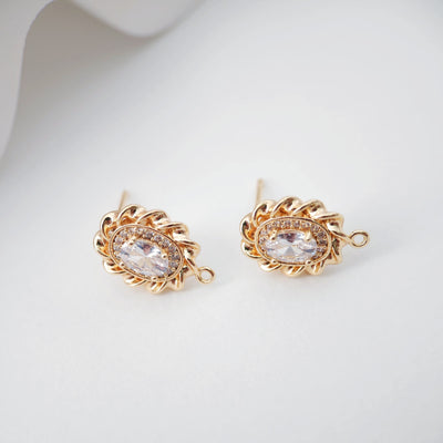 18K Gold Oval Shape Earring Post With Loop, S925 Silver Pin Nickel Free Earrings, CZ pave Stud, Hypoallergenic Earring Findings ZX250