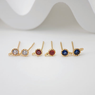 4pcs Round Stud Post with Loops, 4 Colors Gemstone, S925 Silver Ear Pin, Nickel Free, CZ 18K Gold Plated Stud Earring Finding ZX056