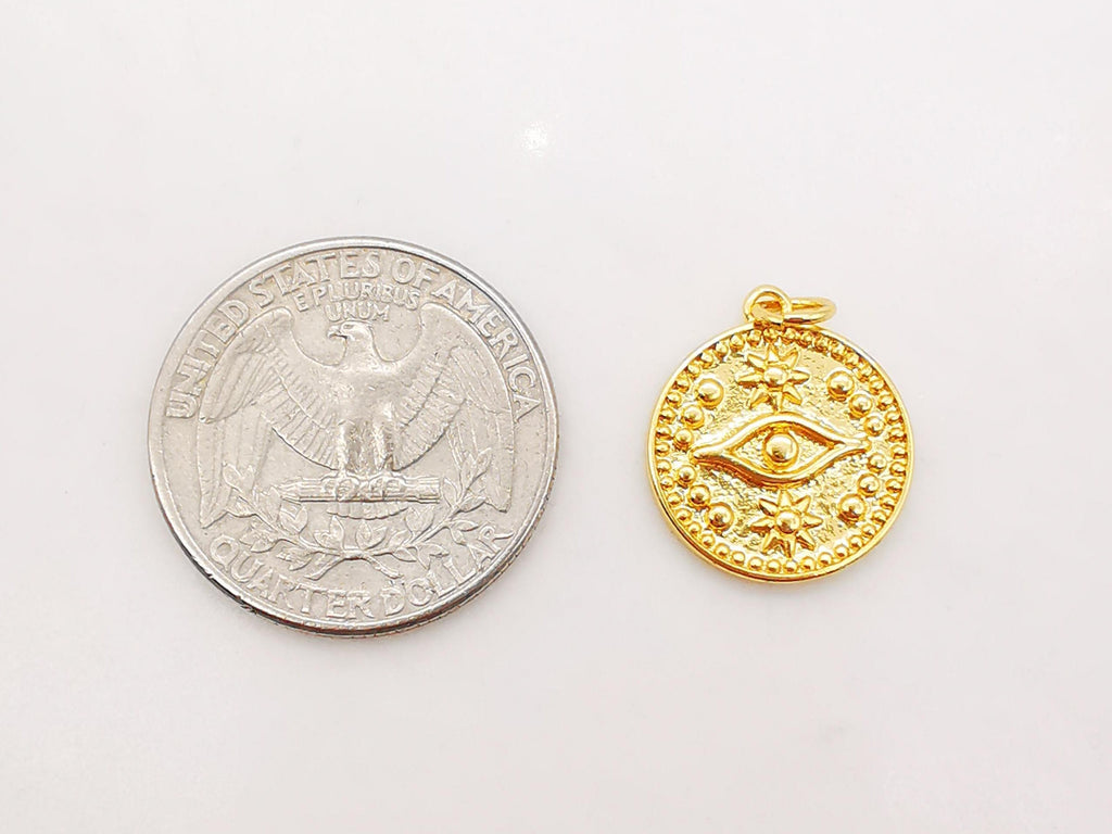 Evil Eye Coin Charm, 18K Gold Plated Round Eye Pendant, 16mm, Necklace Earring Bracelet Making Charm, Jewelry Findings S913