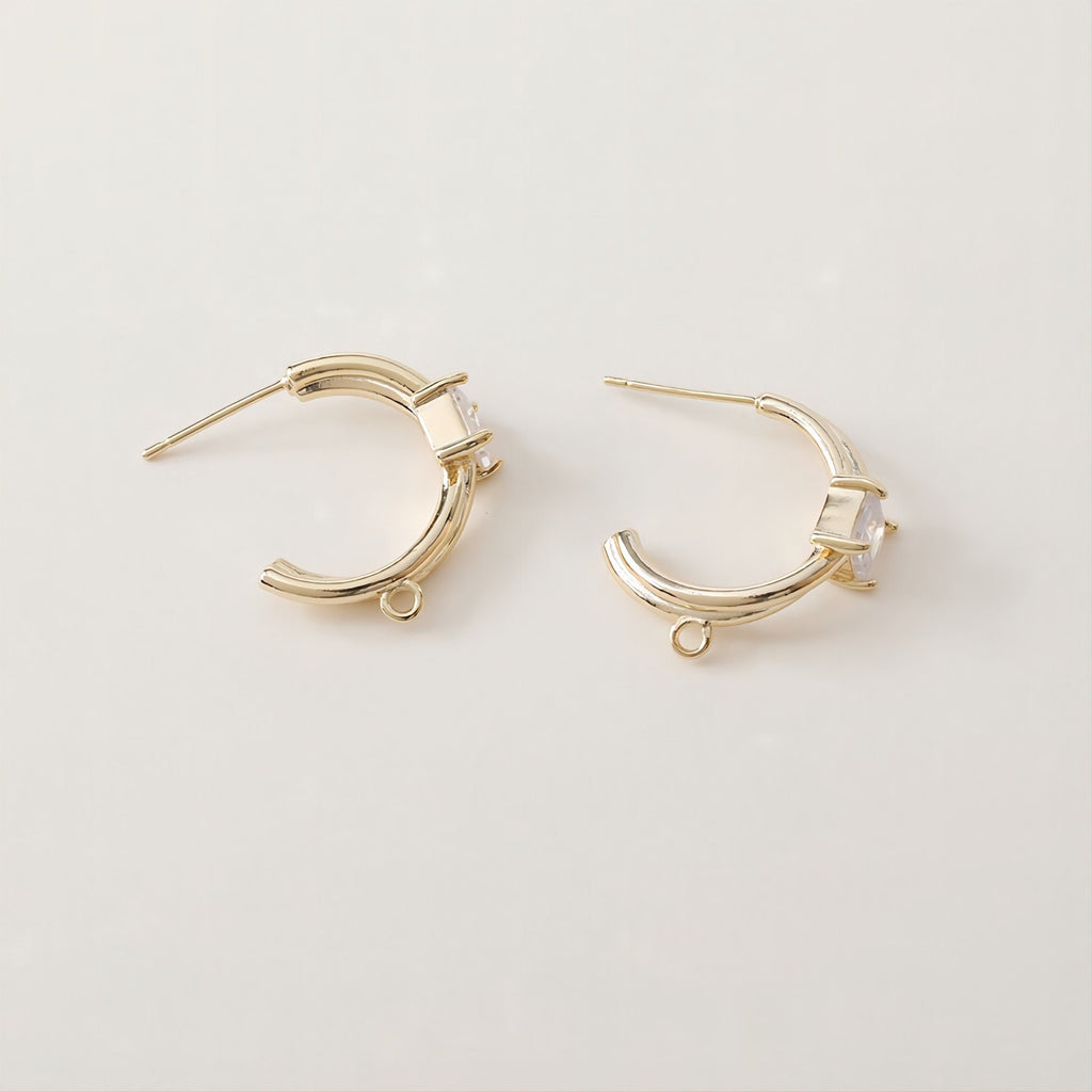 C Shape Earrings Post With Loop, 14K Gold/Silver Plated, S925 Silver Ear Pin Nickel Free Earrings, Pave Square CZ, Earring Findings JJ007