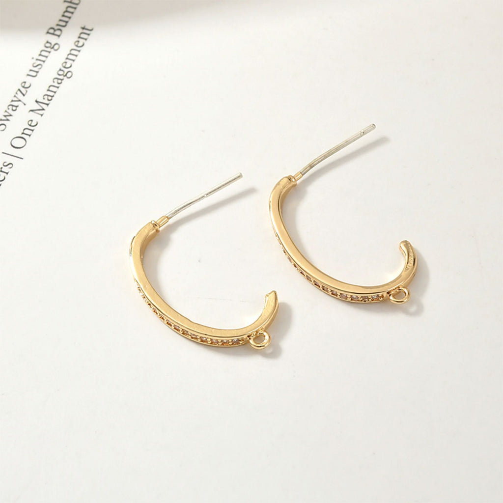 C Shape Earrings Post With Loop, 14K Gold/Silver Plated, S925 Silver Ear Pin Nickel Free Earrings, Pave Cubic Stone, Earring Findings YL002