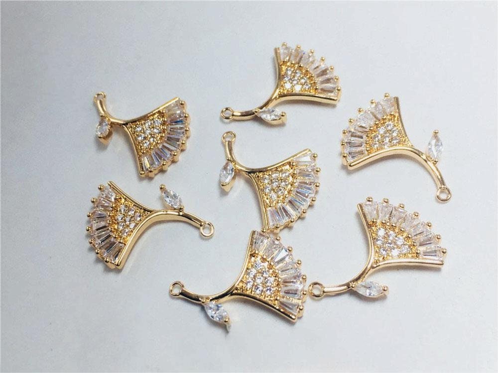CZ Pave Fan Shape Charm, Cubic Zircon Crystal Fan Connector, CZ Earring Charms, Real Gold Plated, Jewelry Findings STG053-F219
