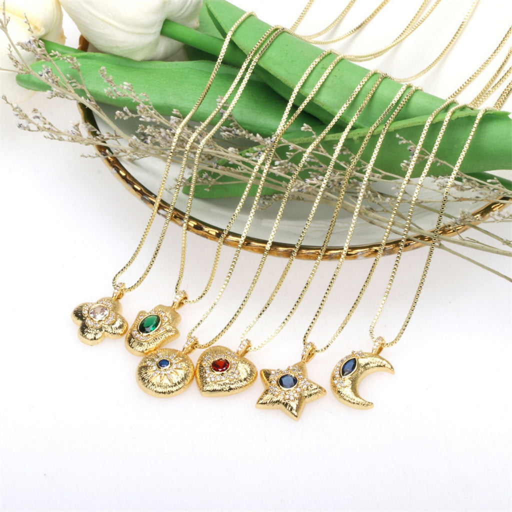 Textured Cubic Pave Pendant, 18K Gold Plated, Star/Moon/Oval/Roumd/Flower/Hand/Heart, Jewelry making supplies S20499