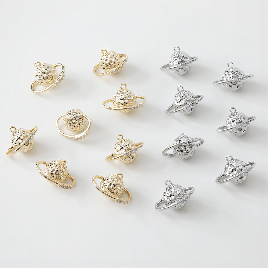 14K Saturn Planet Charm, 3D Pendant, 18K Gold Plated/Silver, Necklace Making Charms, Jewelry Findings GS004