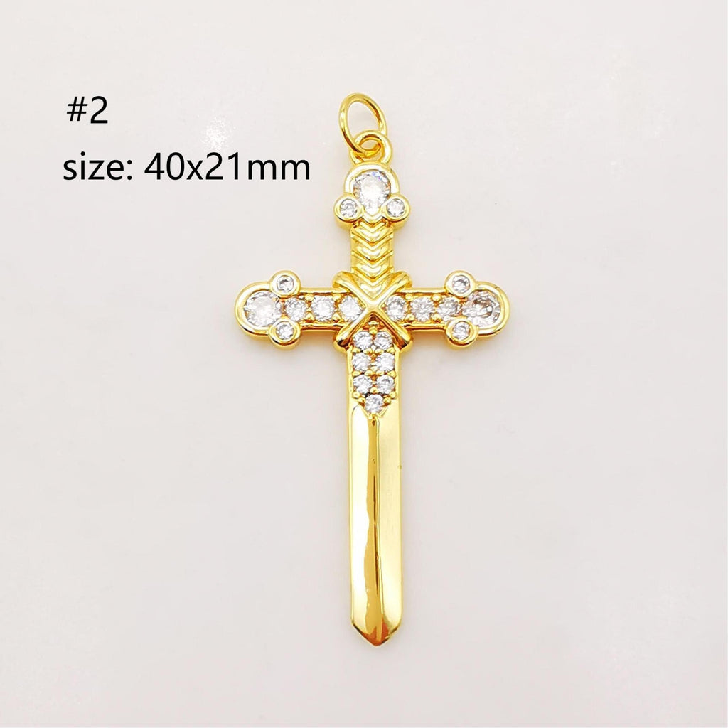 Dijes de cruz con pavé de circonita cúbica, colgante de espada, dije de cruz rosa, chapado en oro de 18 quilates, dijes para hacer collares, accesorios de joyería S890