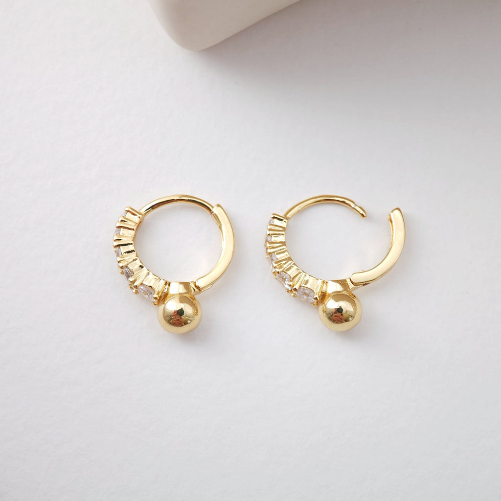 Cubic Ear Hoops with Round Ball, Pave CZ, 16mm, 18K Gold Plated Leverback Earrings, Huggie Hoops Earring S1186